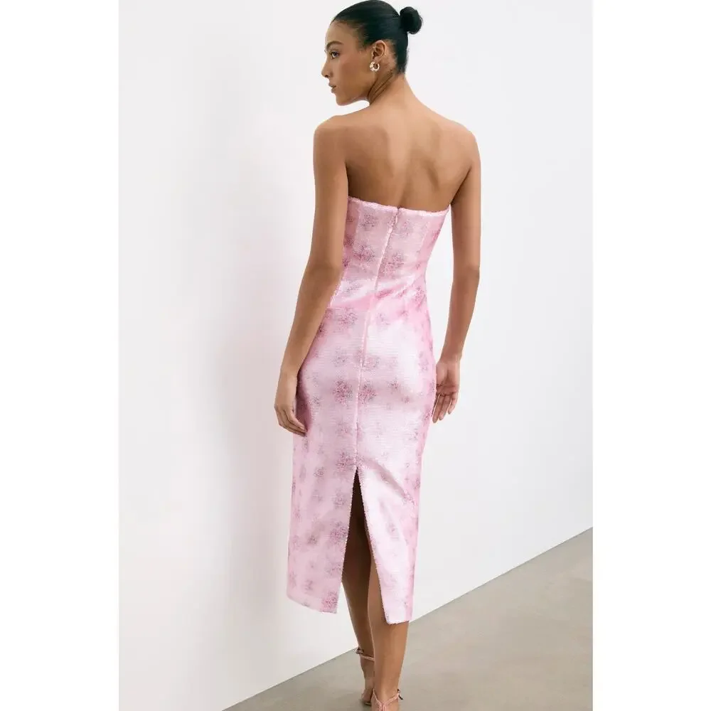 LoveShackFancy Stasia Pink Floral Sequin Strapless Midi Dress Size 4 - Picture 2 of 9